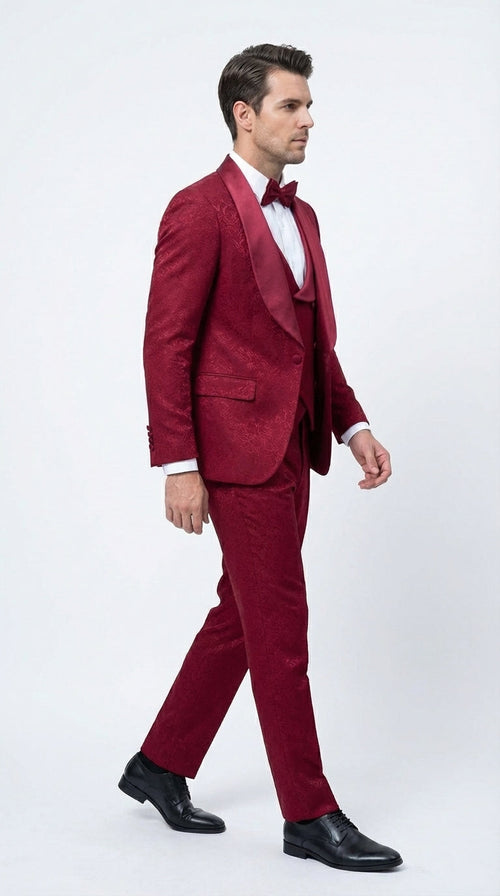 Mens Burgundy Wedding Tuxedo Suit β Paisley Three Piece Formal Suit Set with Shawl Lapel for Groom, Prom