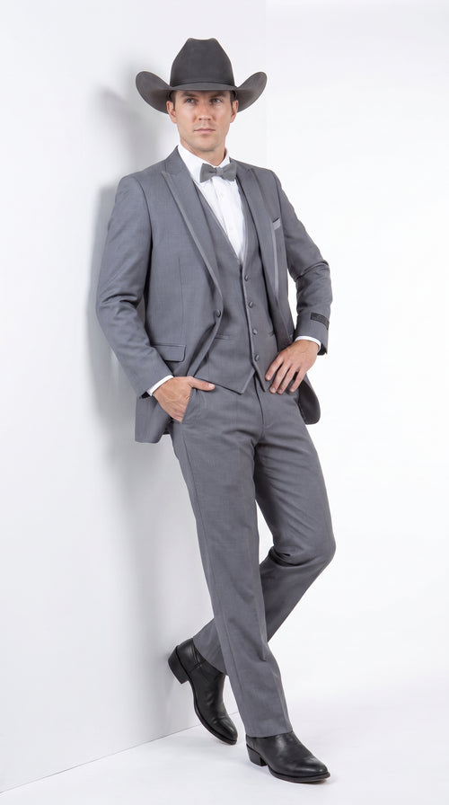 Men's Medium Grey Western 3-Piece Tuxedo Suit with Vest – Cowboy Style Formal Country Outfit