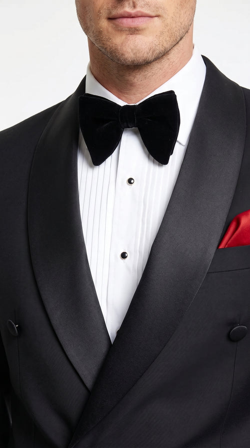 Men’s Black Double Breasted Evening Wear Suit with Satin Shawl Lapel and Red Pocket Square