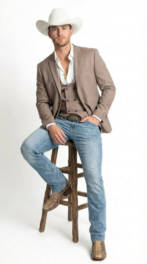 Mens Beige Cowboy Blazer with Double breasted Vest – Western Two Piece Suit Pants included