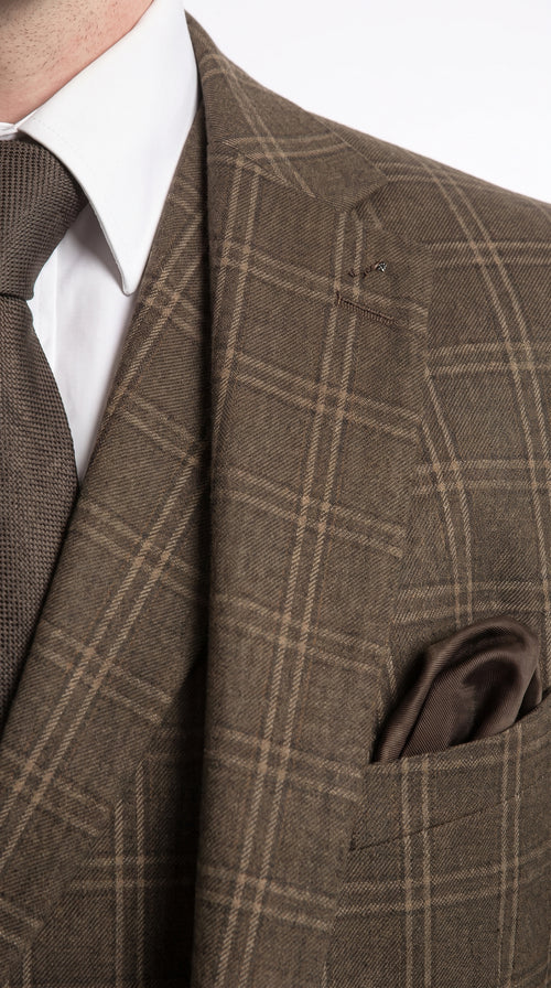 Men’s Edwardian Brown Plaid 3-Piece Suit – Vintage Double-Breasted Vest Wedding and Formal Suit