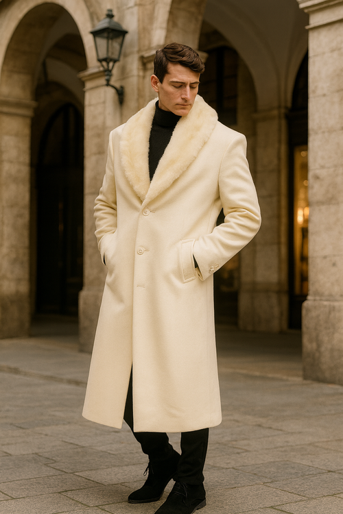 Mens Ivory - Cream - Off White Full-Length Overcoat with Luxurious Faux Fur Shawl Collar – Winter Dress Coat