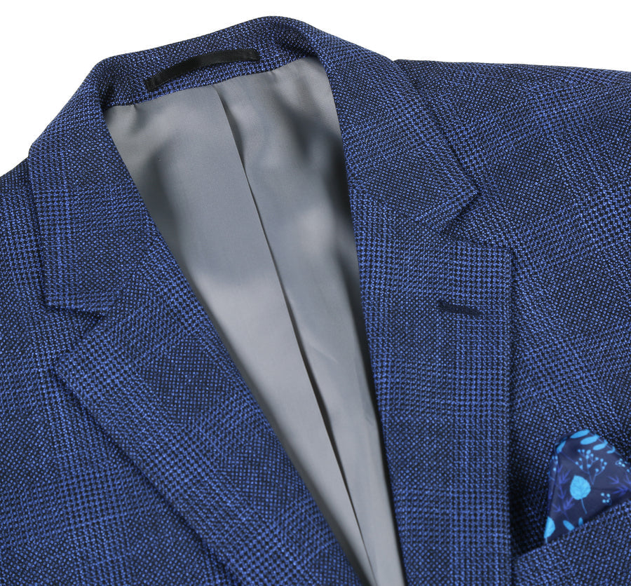 "Classic Fit Men's Blazer - Navy Blue Windowpane Plaid, Two Button Sport Coat"