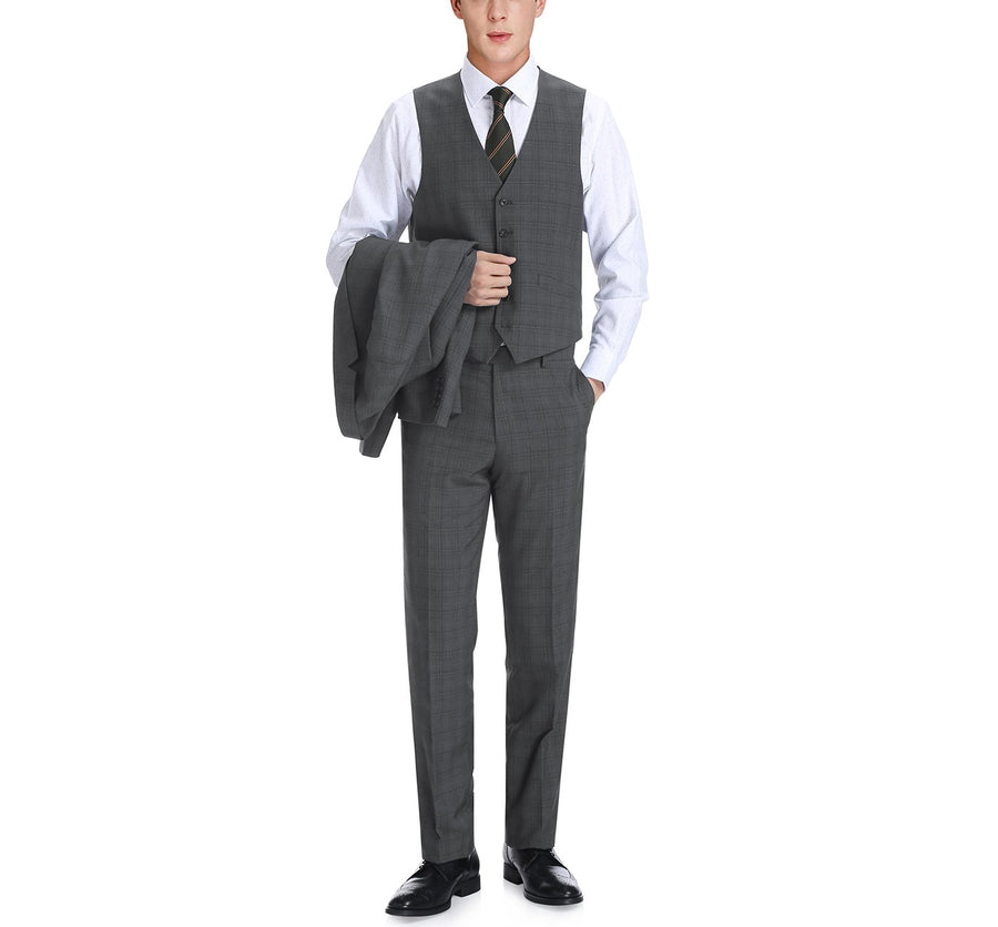 "Charcoal Grey Windowpane Plaid Men's Classic Fit Vested Suit - Two Button" - 34 Short