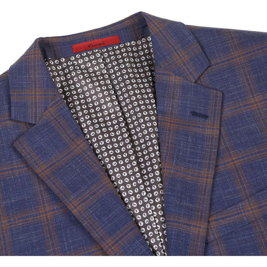 "Men's Slim Fit Navy Blue & Gold Windowpane Plaid Sport Coat Blazer"