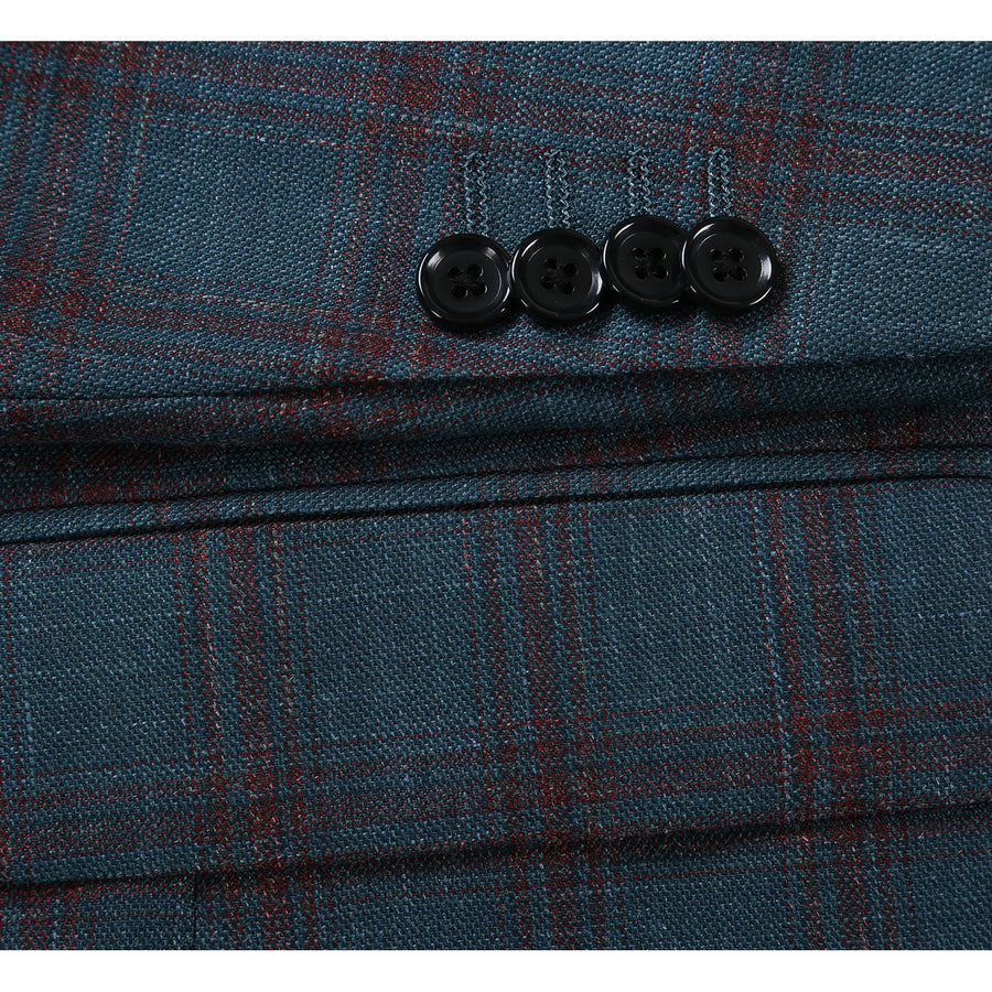 "Classic Fit Men's Wool & Linen Sport Coat Blazer - Teal Blue Windowpane Plaid"