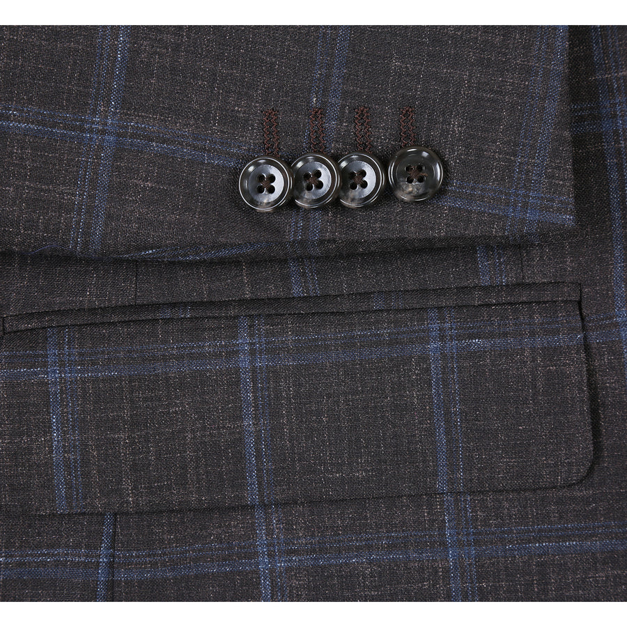 "Brown Windowpane Plaid Wool & Linen Sport Coat Blazer - Men's Classic Fit"