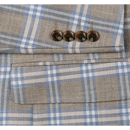 "Classic Fit Two Button Men's Sport Coat Blazer - Grey Tan Windowpane Plaid"