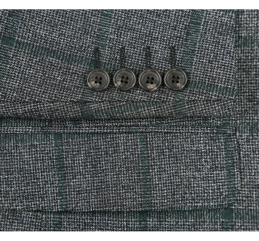 "Classic Fit Wool Sport Coat Blazer for Men - Two Button, Brown & Olive Green Windowpane Plaid" - 34 Short