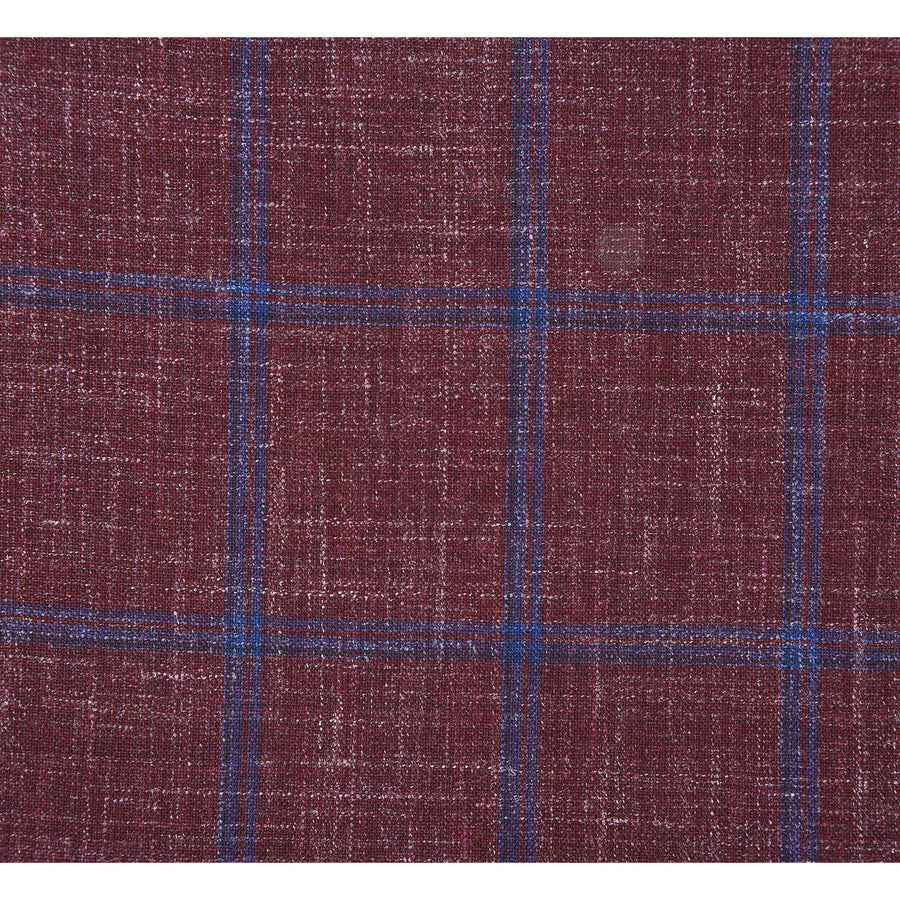 "Burgundy & Blue Windowpane Plaid Wool Blazer - Men's Slim Fit Two Button Sport Coat"