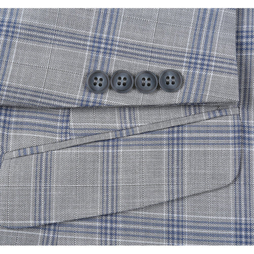 "Men's Slim Fit Two Button Suit - Light Grey & Blue Windowpane Plaid"