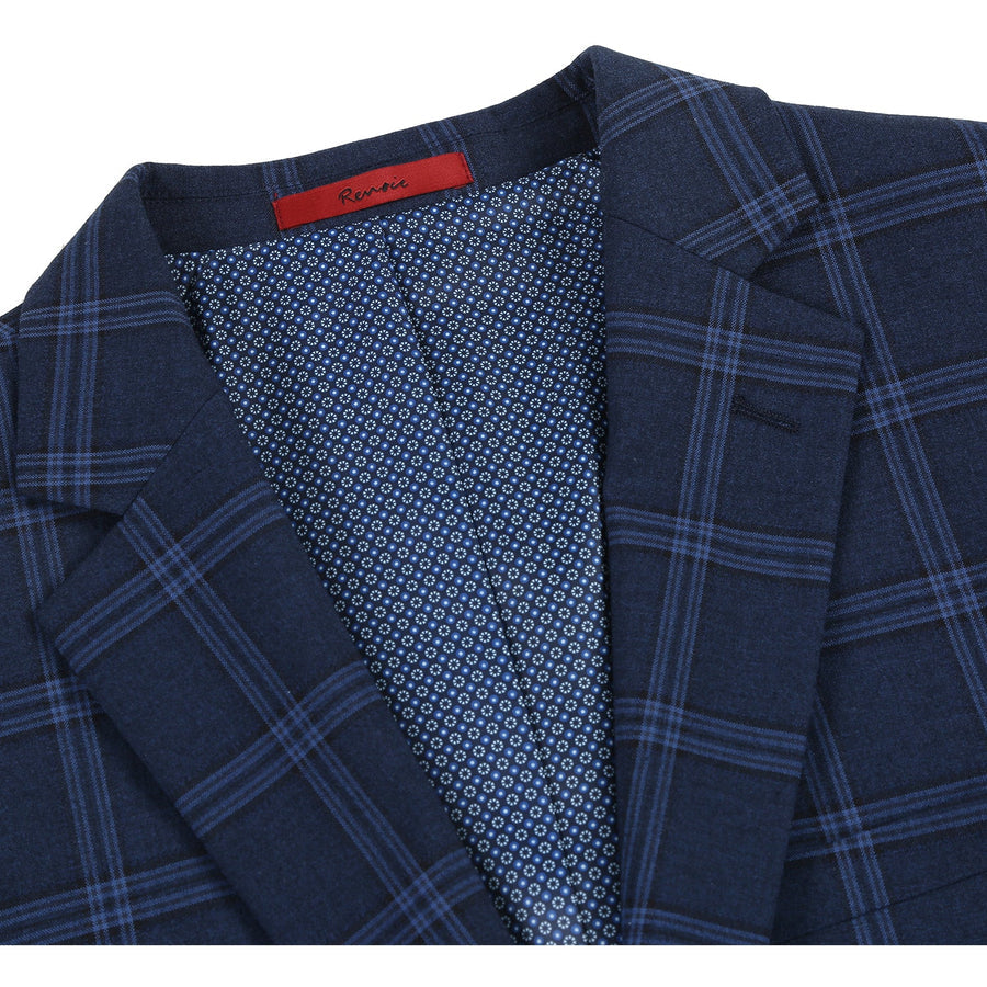 "Dark Navy Slim Fit Men's Suit - Two Button Stretch, Wide Windowpane Plaid"