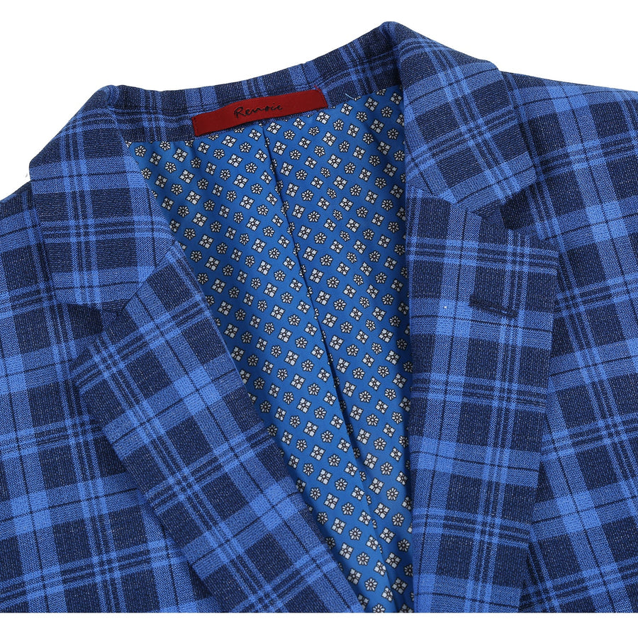 "Men's Slim Fit Blazer - Two Button Sport Coat in Royal & Navy Blue Windowpane Plaid"