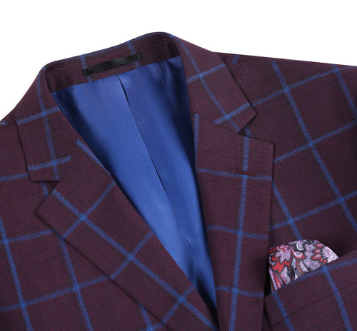 "Men's Slim Fit Two-Button Sport Coat Blazer - Burgundy & Blue Windowpane Plaid"