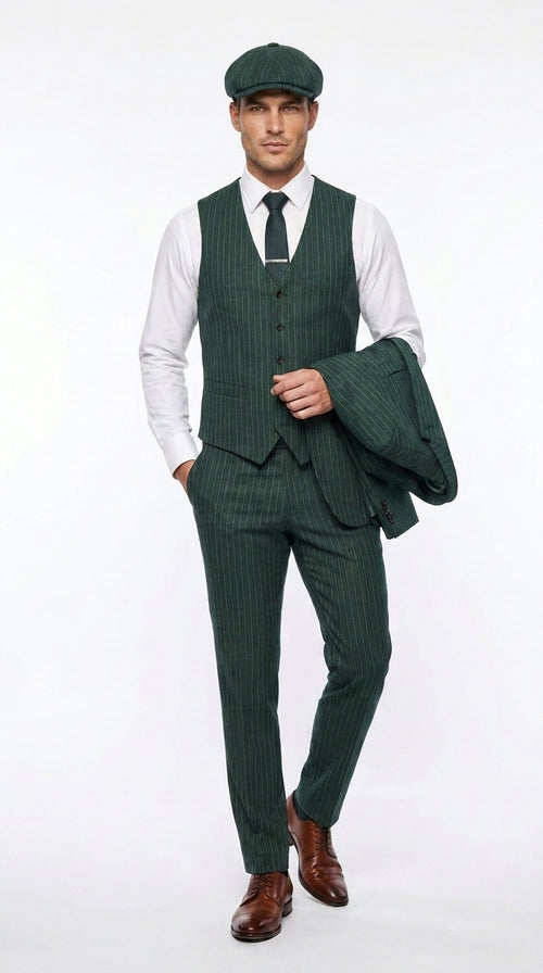 Men’s Hunter Green Pinstripe 3-Piece Suit – Vintage Wedding, Prom and Formal Suit with Matching Vest