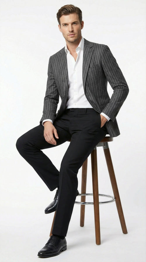 Mens Charcoal Pinstripe Blazer Classic Tailored Formal Jacket for Business, Office and Evening Wear
