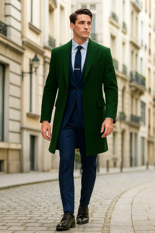 Mens Dark Green Wool Overcoat Classic Long Coat for Formal and Casual Style