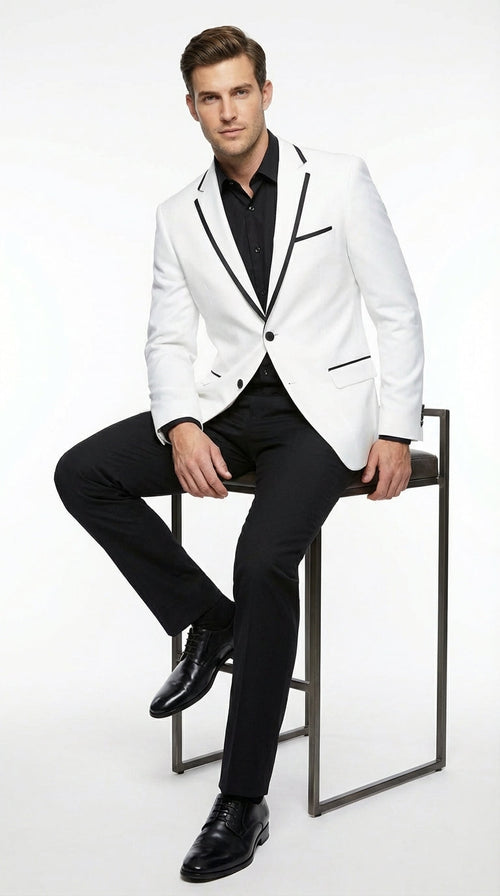 Men’s White Disco Blazer 70s Era Costume Jacket – Black Trim Retro Party Blazer, Vintage Dance Outfit, Stylish Evening Themed Wear