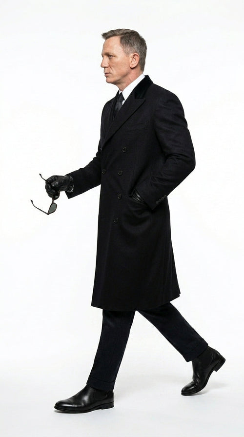 Men’s Black Double Breasted Overcoat, James Bond Inspired Long Formal Coat for Weddings, Business Events, Parties, and Winter Occasions