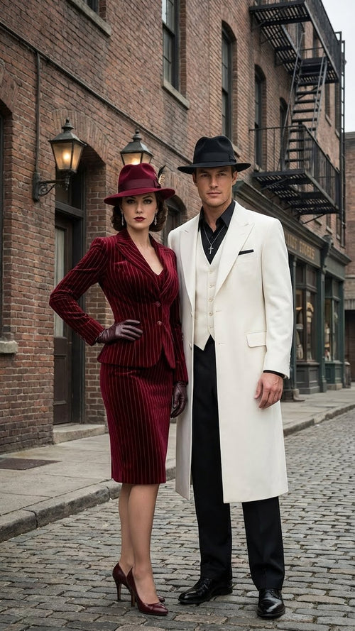 Mens White Long Zoot Suit Costume Set with Black Pants Wedding, Prom and Party Outfit 1920s - 1930s Gangster Style
