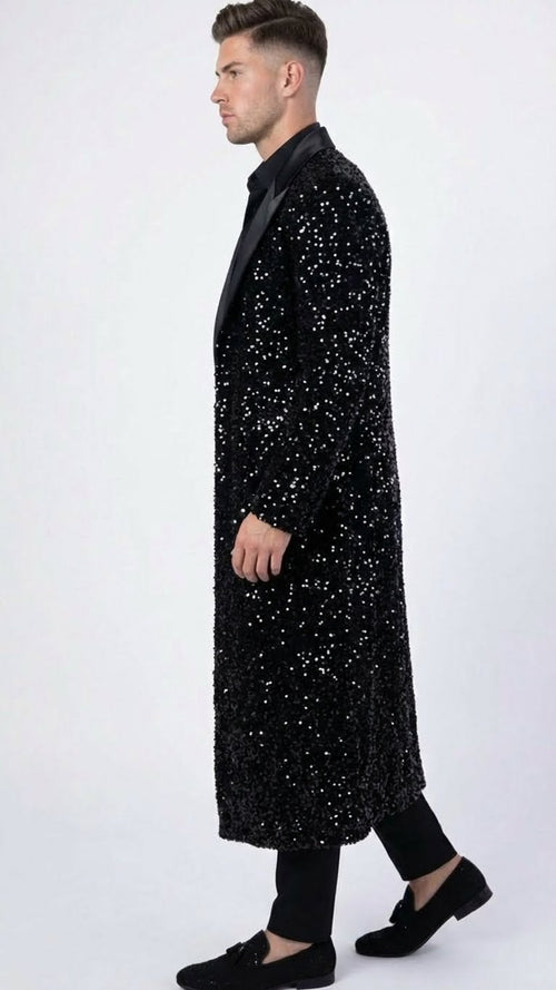 Mens Black Sequin Long Coat with Satin Shawl Lapel Luxury Statement Evening Overcoat