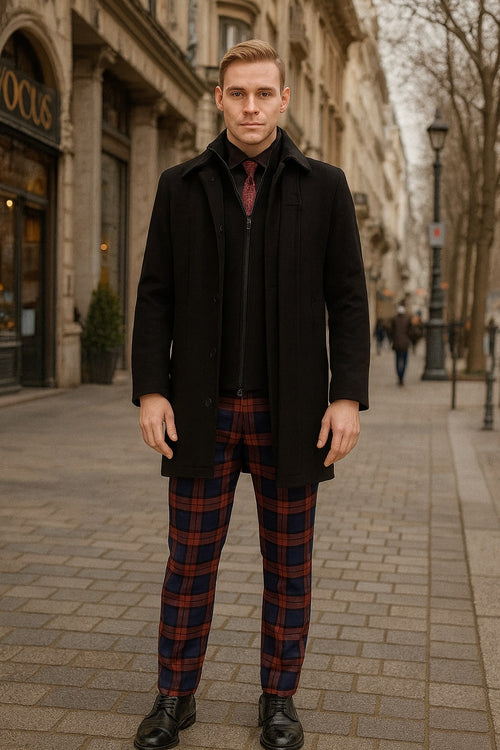 Mens Black Wool Overcoat Classic Single-Breasted Winter Coat for Business and Formal Wear