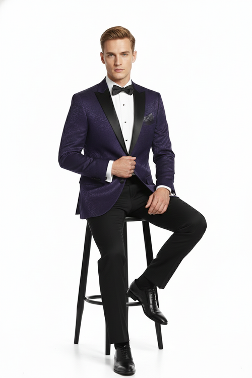 Mens Purple Paisley Tuxedo Jacket Ultra Slim Fit Dinner Blazer with Black Satin Peak Lapel
