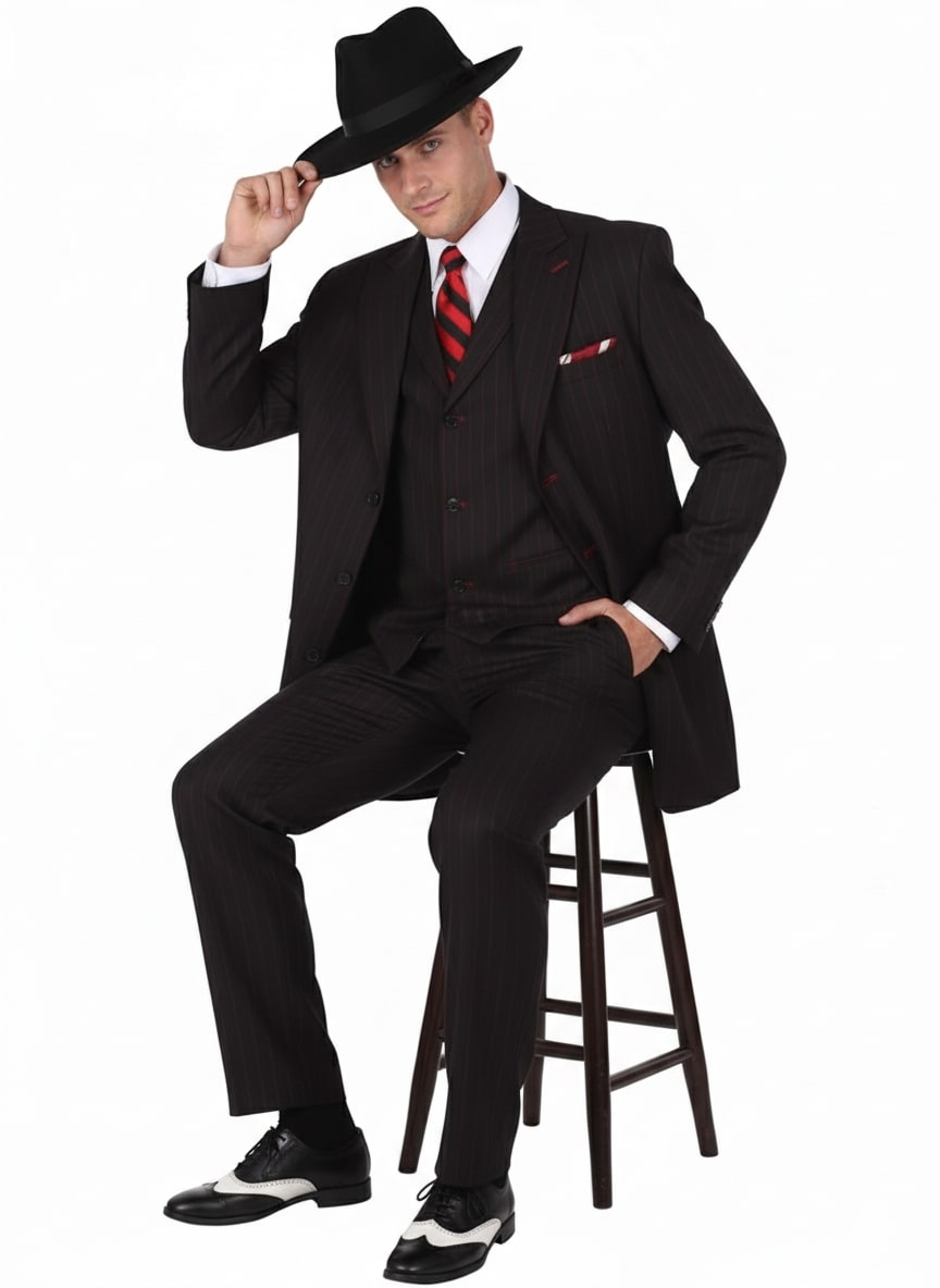 Mens Black and Red Pinstripe Zoot Suit – 1920s Gangster Vintage 3-Piece Suit for Formal, Prom, and Themed Events - 34 Short or Extra Small