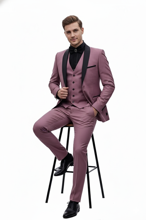 Men's Rose Pink Tuxedo Suit Luxury Three-Piece Formal Wear with Black Satin Lapel Dusty Mauve Color
