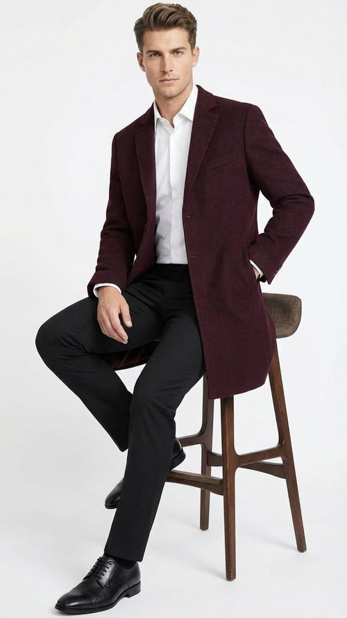 Mens Burgundy Mid-Length Overcoat Classic Fit Wool Blend Dress Coat Three Quarter Carcoat Topcoat
