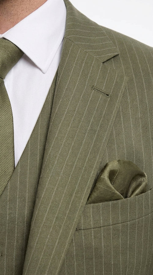 Men’s Olive Green Tone-on-Tone Shadow Pinstripe 3 Piece Suit – Modern Formal Suit with Vest Shadow Stripe