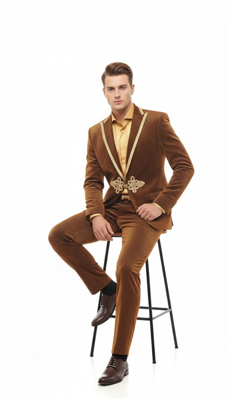 Mens Bronze Shiny Velvet Suit – Designer Party and Wedding Wear Blazer and Pant Set Brown and Gold Tuxedo - S