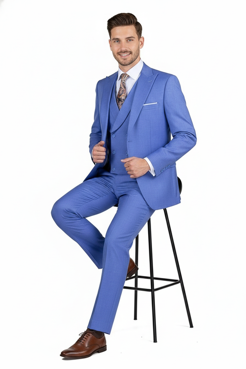 Mens Light Blue Double-Breasted 3-Piece Suit Set Tailored Fit Formal Business Suit in Steel Blue Sky Blue Color