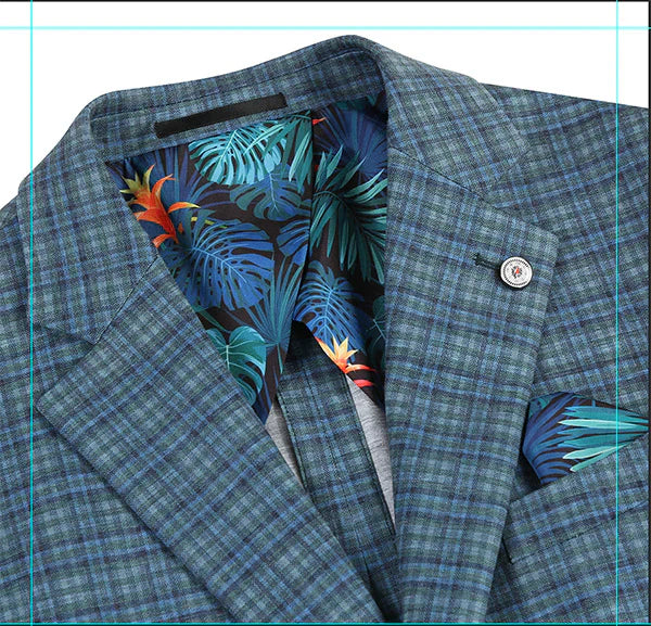 Half Canvas Slim Fit Blazer in Green Blue Check - 40R