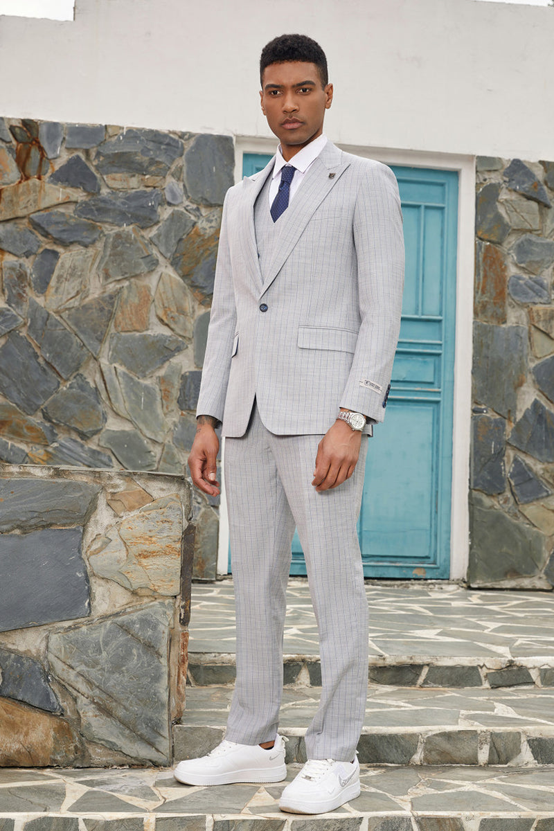 "Mens Stacy Adams Suit - Stacy Adams Suit Men's Designer Suit - Vested One Button Peak Lapel in Light Grey Pinstripe" - 34 Short