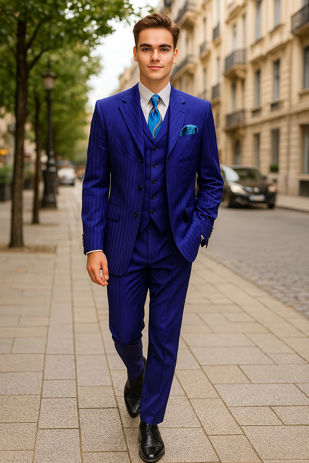 "Navy Blue Men's Shiny Tonal Stripe Fashion Suit - 4 Button Semi Wide Leg" - 38 Long