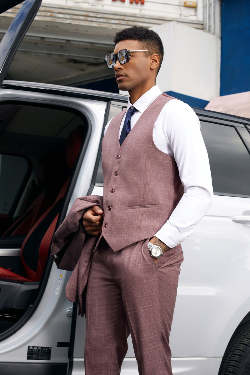 "Mens Stacy Adams Suit - Stacy Adams Suit Men's Vested Business Suit - Two Button, Mauve Plaid" - 34 Short