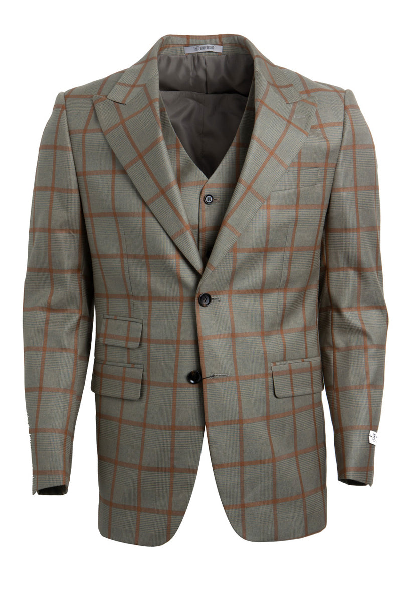 "Stacy Adams Men's Vested Suit - Tan & Gold Windowpane Plaid, One Button Peak Lapel"