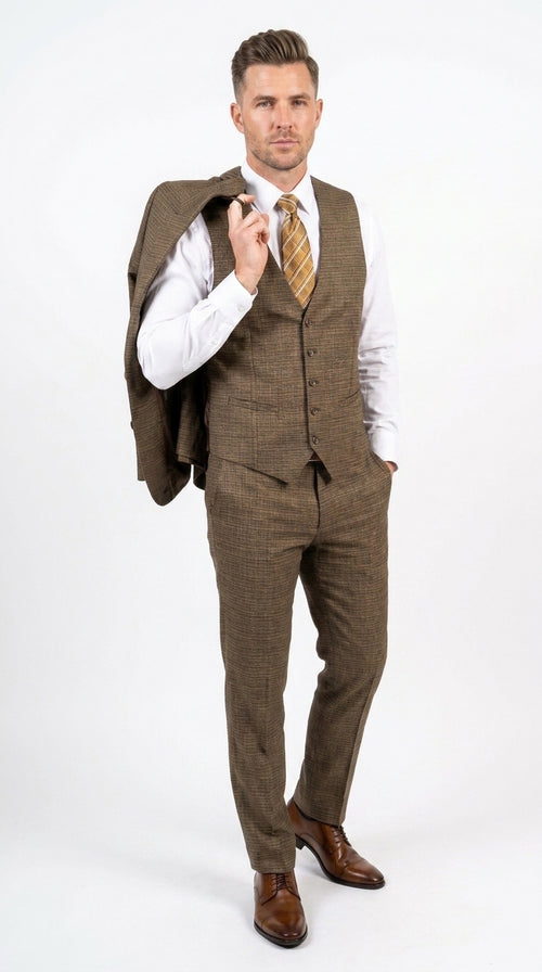 Men's Great Gatsby Brown Checker Plaid Texture 3-Piece Suit β Classic Fit Business, Wedding & Formal Suit Set - Victorian style 1920s