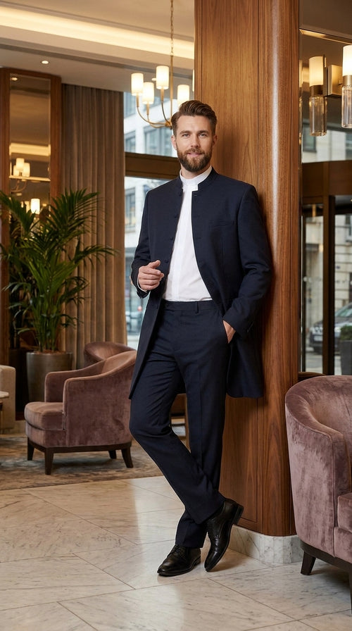 Men’s Black Mandarin Collar Suit – Matrix Neo Inspired Long Jacket & Pants Formal Suit