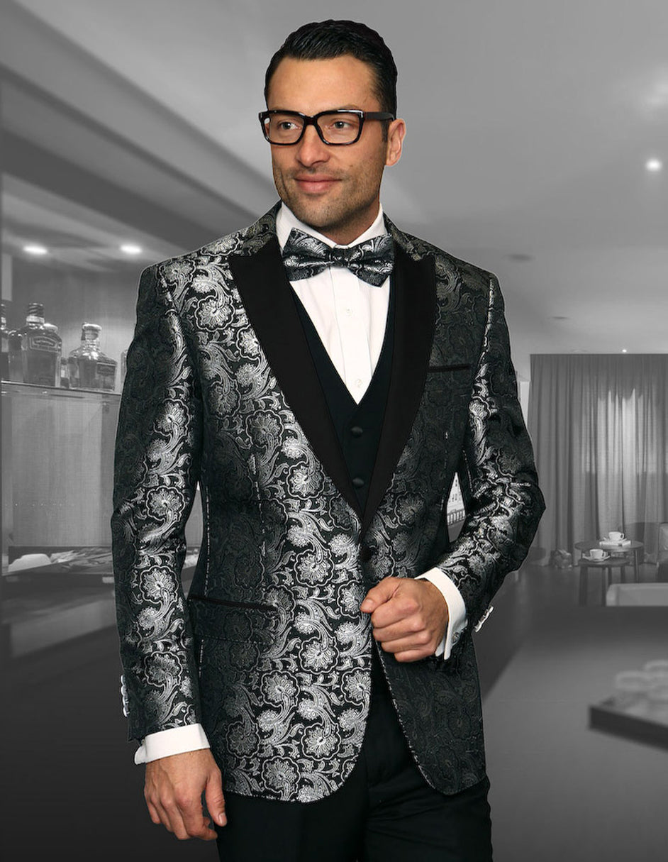Mens Vested One Button Peak Lapel Shiny Floral Tuxedo in Black - 34 Short