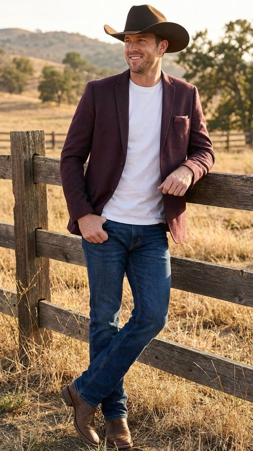 Mens Burgundy Western Blazer Jacket, Textured Cowboy Style Sport Coat for - Tweed Herringbone Maroon Color