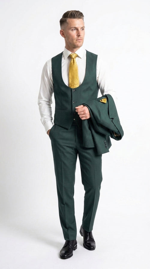 Mens Vitali 3 Piece Suit W/Scoop Vest Hunter Green 3-Piece Suit –, Big Peak Lapel Vest and Pants Modern Fit Two Buttons