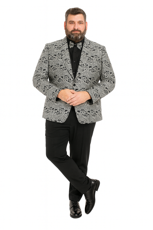 Mens Black and Silver Paisley Tuxedo Jacket – Slim Fit Dinner Blazer with Matching Bow Tie with Black Pants