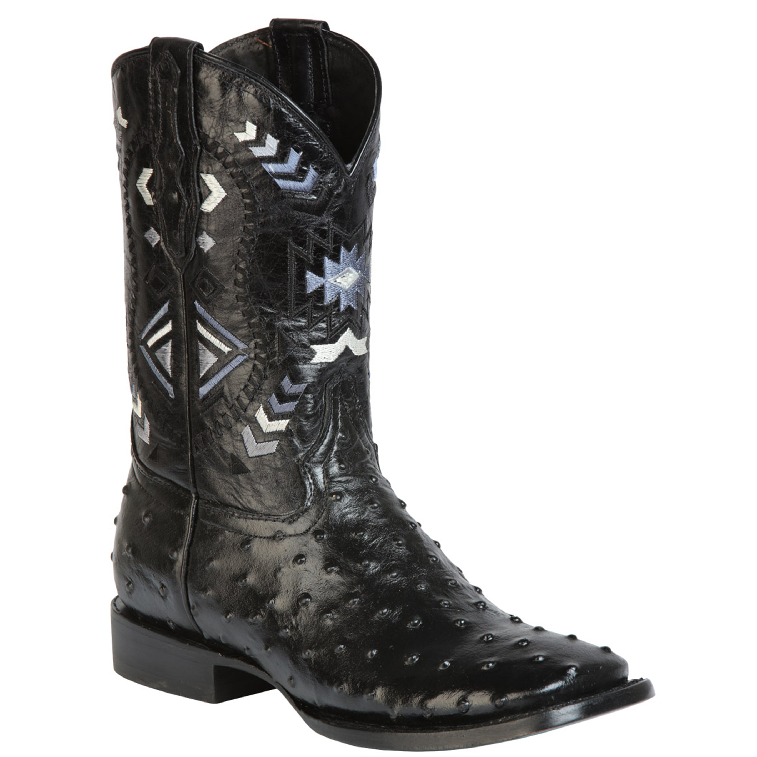 Black Ostrich Print Boots Square Toe - Black