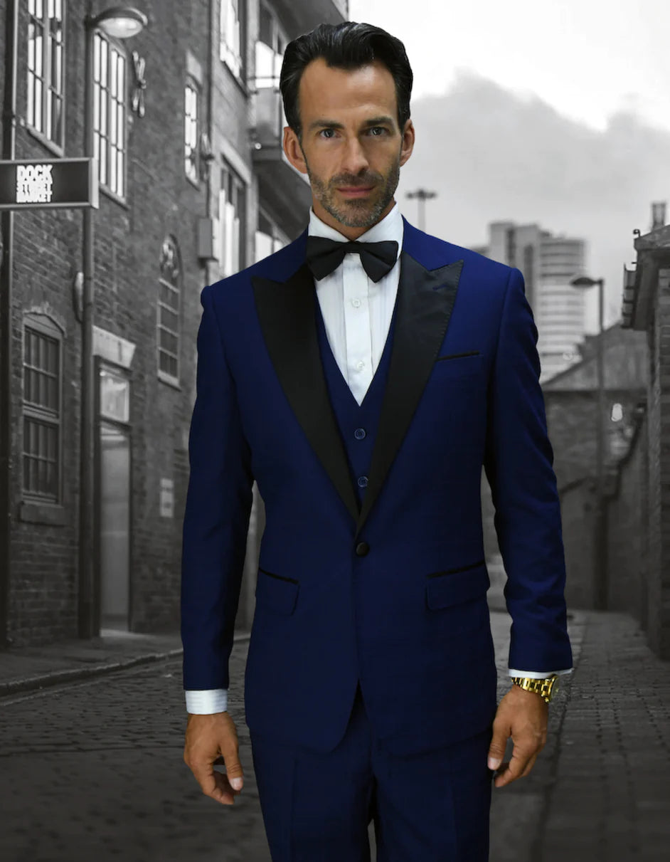 Mens Navy Blue Wedding Tuxedo - Dark Blue Tuxedo Suit"Mens 1 Button Peak Lapel Vested Wool Tuxedo in Sapphire Blue