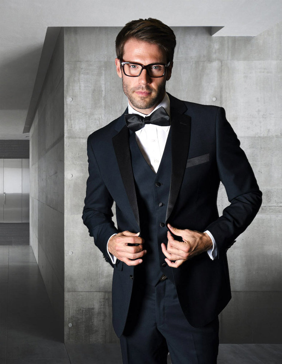 Mens Classic Modern Fit 2 Button Vested Wool Tuxedo in Navy Blue - 38 Short
