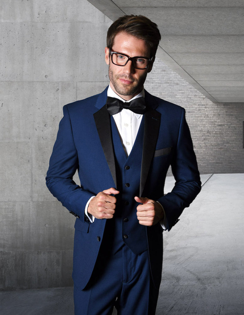 Mens Classic Modern Fit 2 Button Vested Wool Tuxedo in Sapphire Blue - 36 Short