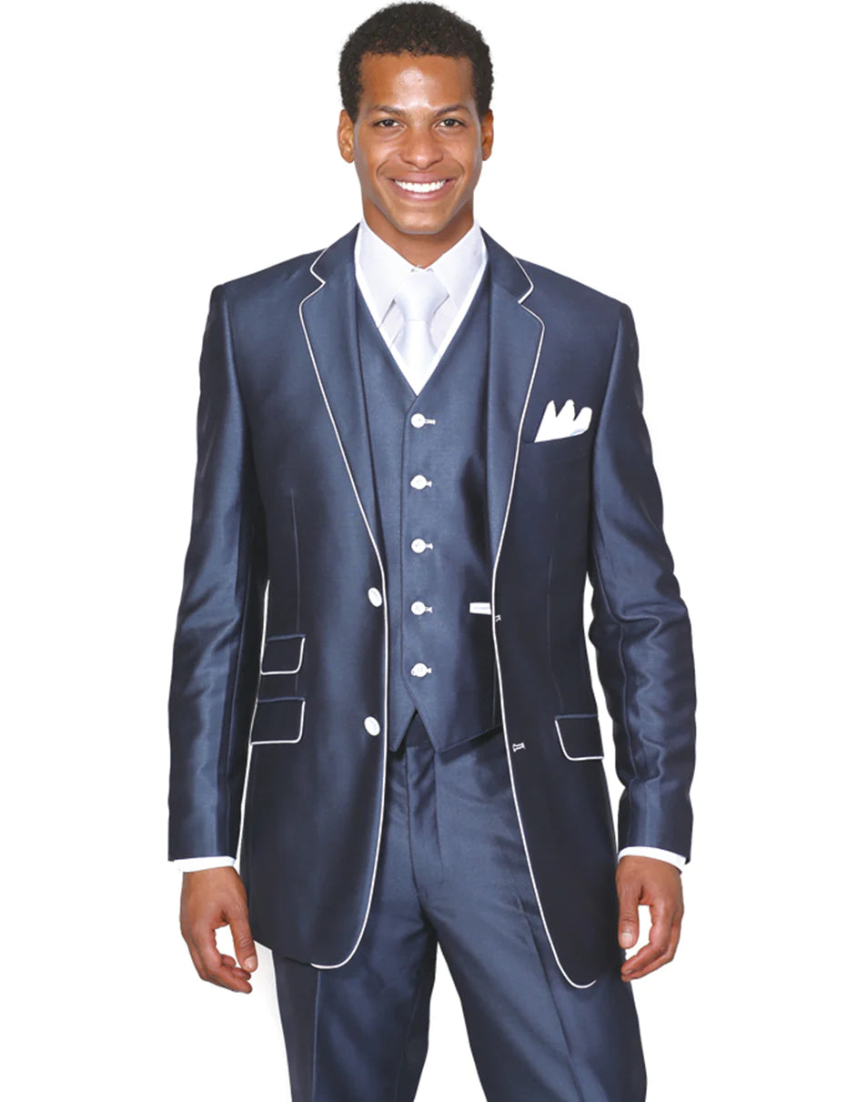 Mens Classic Modern Fit 2 Button Vested Wool Tuxedo in Navy Blue