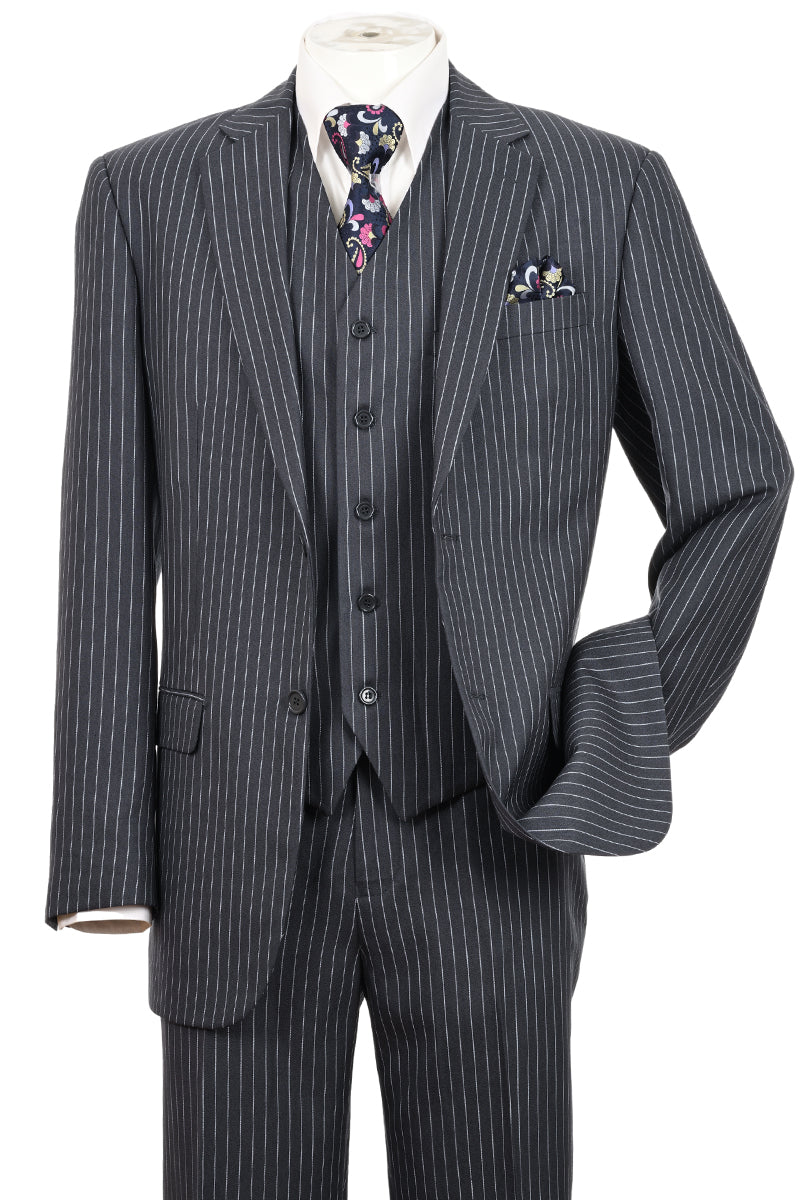 "Charcoal Grey Pinstripe Gangster Suit - Men's 2 Button Vested" - New Arrival - 38 Long